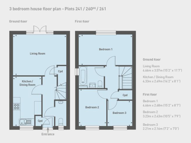 Floor plan 3 bedroom house, plots 241, 260 & 261 - artist's impression subject to change